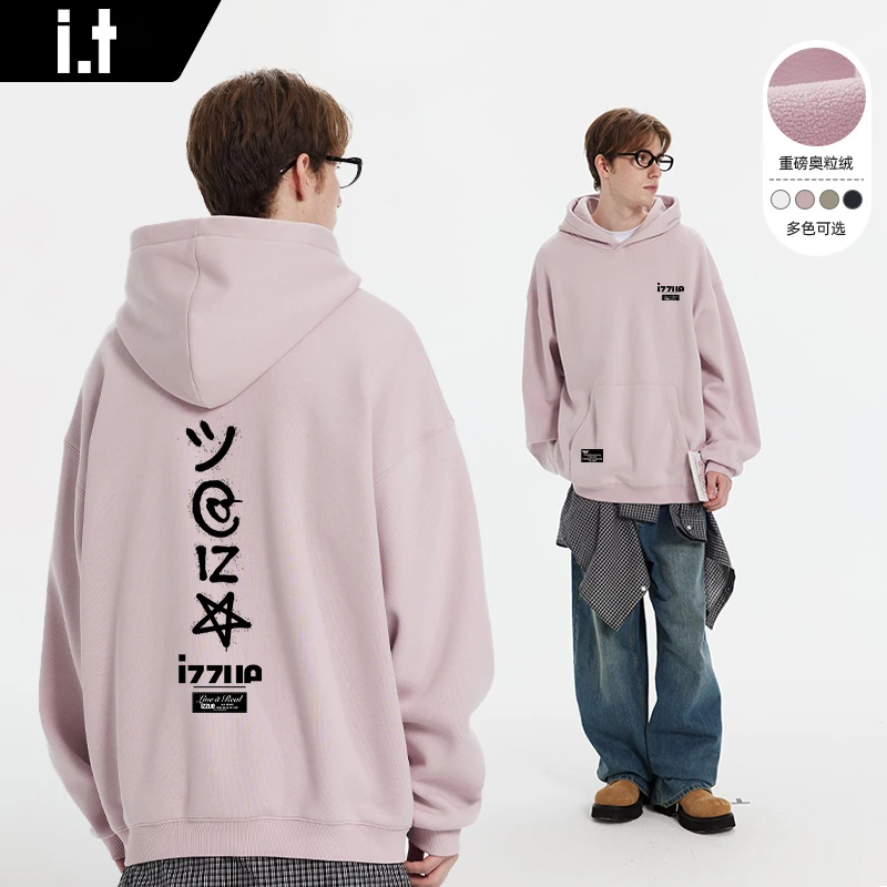 it izzue重磅奥粒绒连帽卫衣男秋冬季宽松潮牌上衣美式潮流套头衫