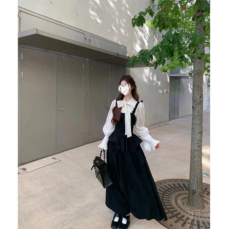 【黑巧日记】早秋千金风蝴蝶结衬衫纯色打揽收腰连衣裙时尚套装