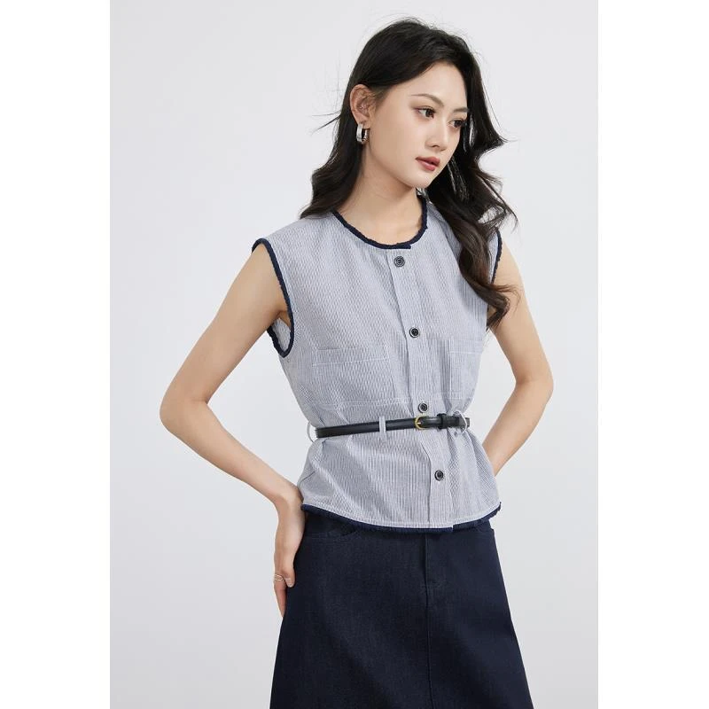 爱客夏季时尚拼接春夏条纹无袖蓝色简约通勤/韩版马甲YA25212M001