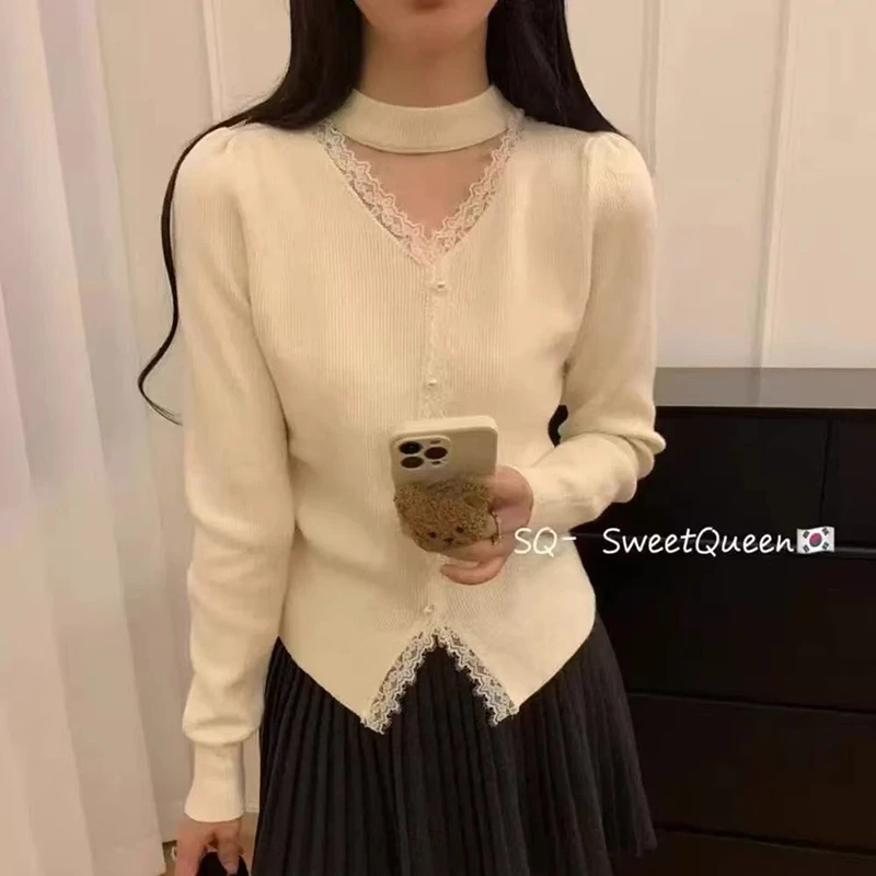 时尚洋气挂脖蕾丝拼接长袖内搭打底衫毛衣秋冬法式气质减龄针织衫