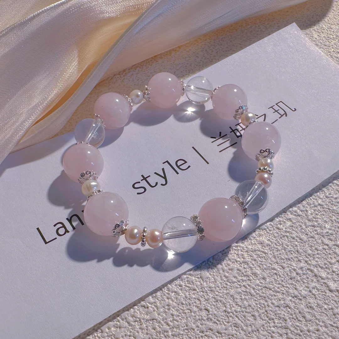 天然水晶 天然马粉水晶白水晶珍珠手链S925银饰手串精致百搭 7709