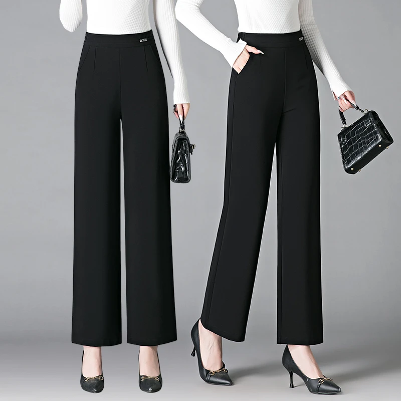 中老年女裤春秋高腰显瘦宽松黑色直筒休闲裤时尚百搭气质妈妈裤