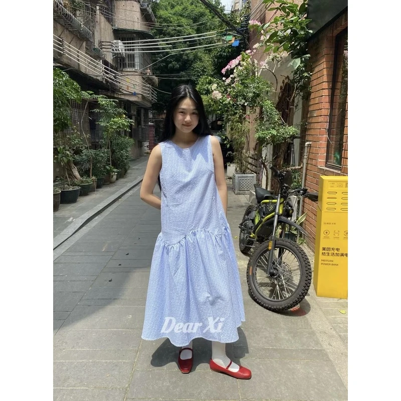 猫姐推荐｜宽松显瘦慵懒风简约格子拼接过膝圆领无袖背心连衣裙女