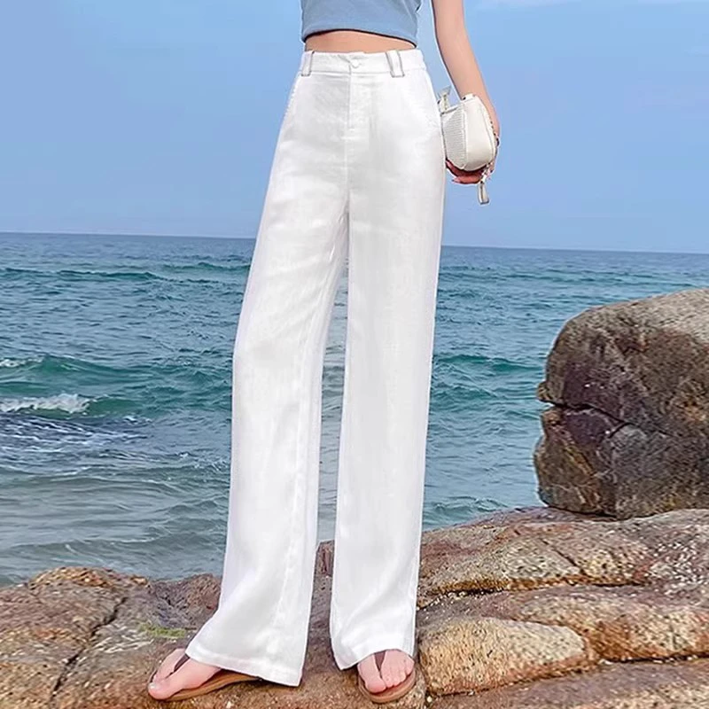 拉夏贝尔时尚白色阔腿裤女2025夏季新款高腰显瘦休闲窄版直筒裤子