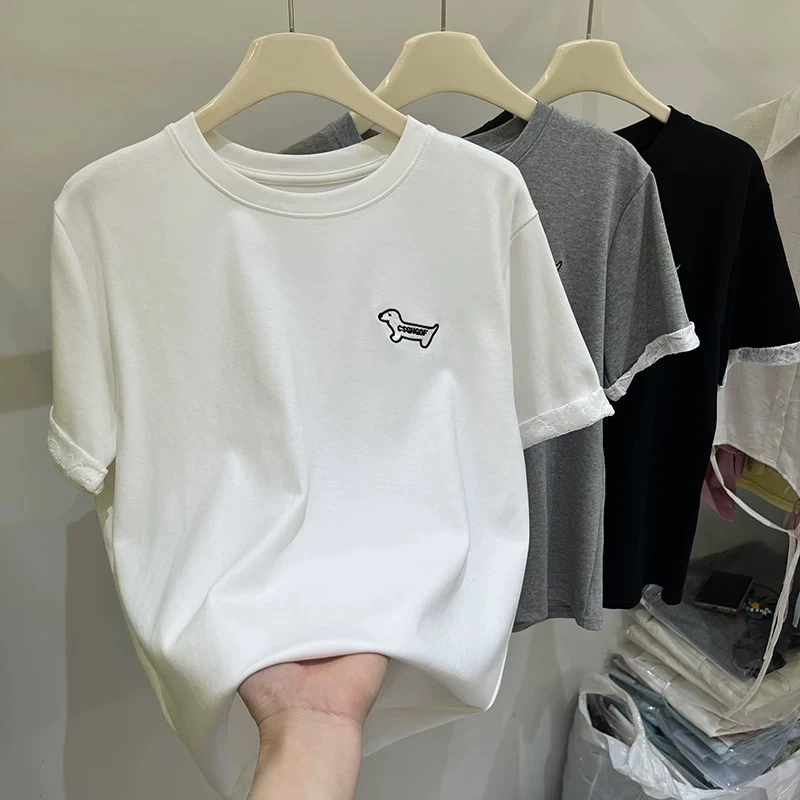 美美推荐81851新款韩系刺绣小狗袖口蕾丝短袖T恤