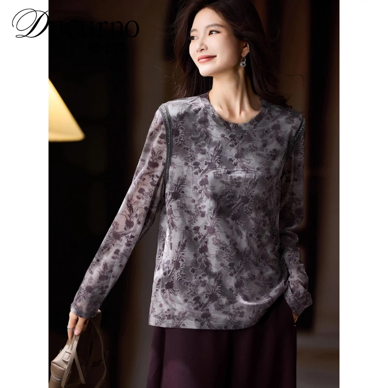 气质植绒钉珠T恤女2025年秋季新款长袖罩衫大码欧货宽松上衣百搭