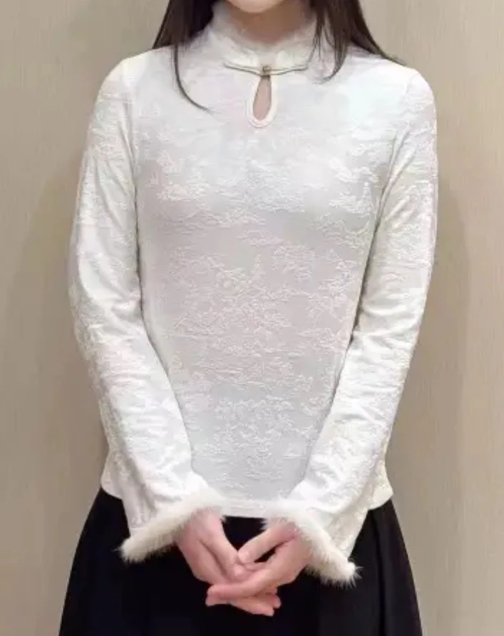 AC【6856】冬季打底上衣新中式国风立领提花长袖T恤衫女