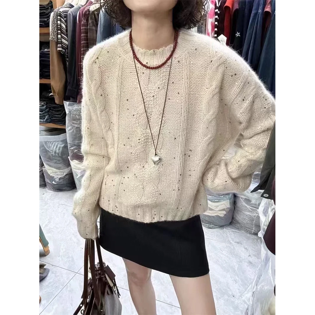 /奶油白双麻花/亮片麻花纹柔软长袖圆领毛衣女CM79
