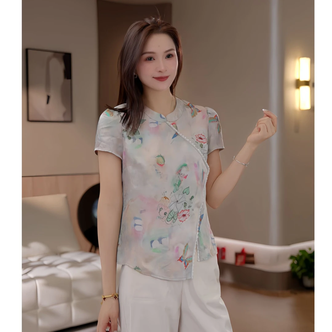 豆豆7【国风韵味】 人丝香云纱新中式短袖女装夏季提花上衣-DX1326