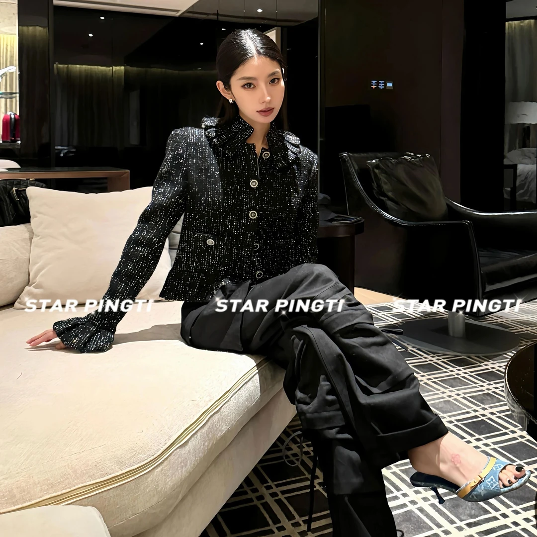 修身显瘦小香风外套女秋季名媛气质重工亮片花边短款小众开衫上衣