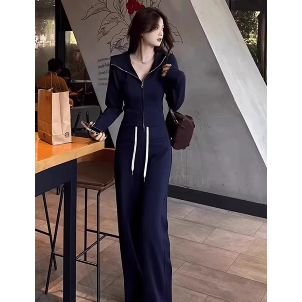 春秋穿搭一整套女韩系新款运动风休闲连帽外套高腰阔腿长裤两件套