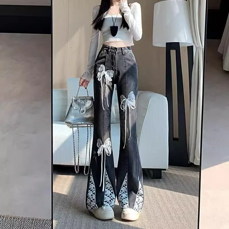 大码胖mmy2k蕾丝绑带微喇叭牛仔裤女夏季高腰修身直筒马蹄女裤子