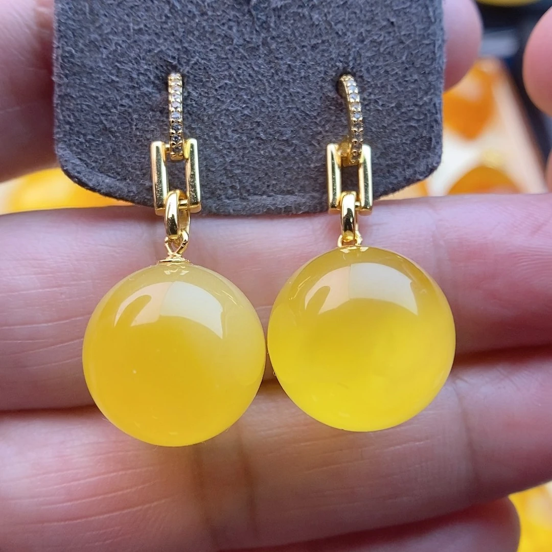 银S925镀金镶嵌琥珀耳饰15m