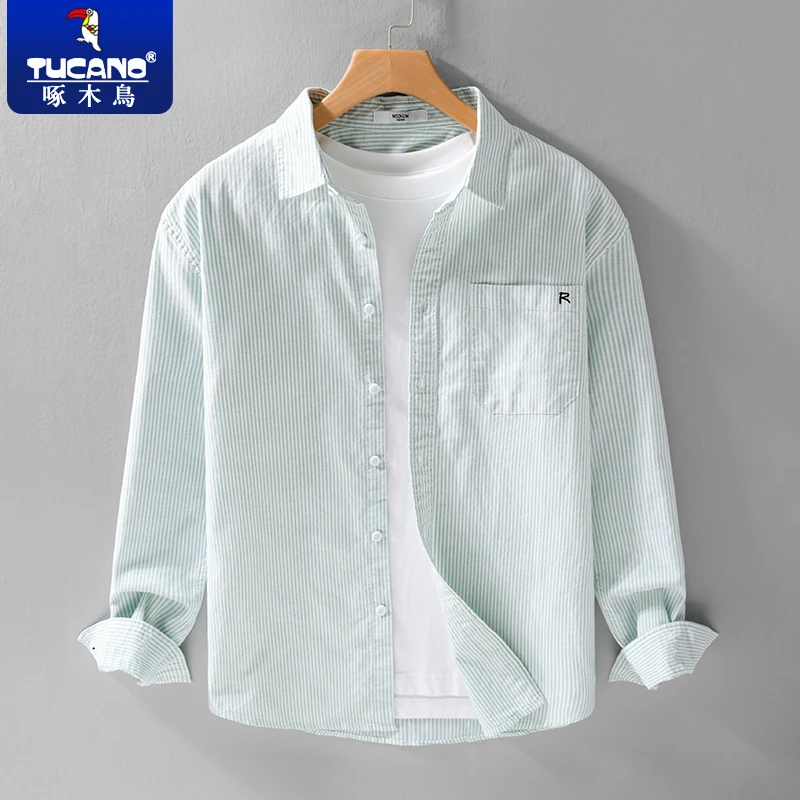 啄木鸟纯棉衬衫男士潮流百搭条纹衬衣男款宽松休闲上衣秋冬款长袖