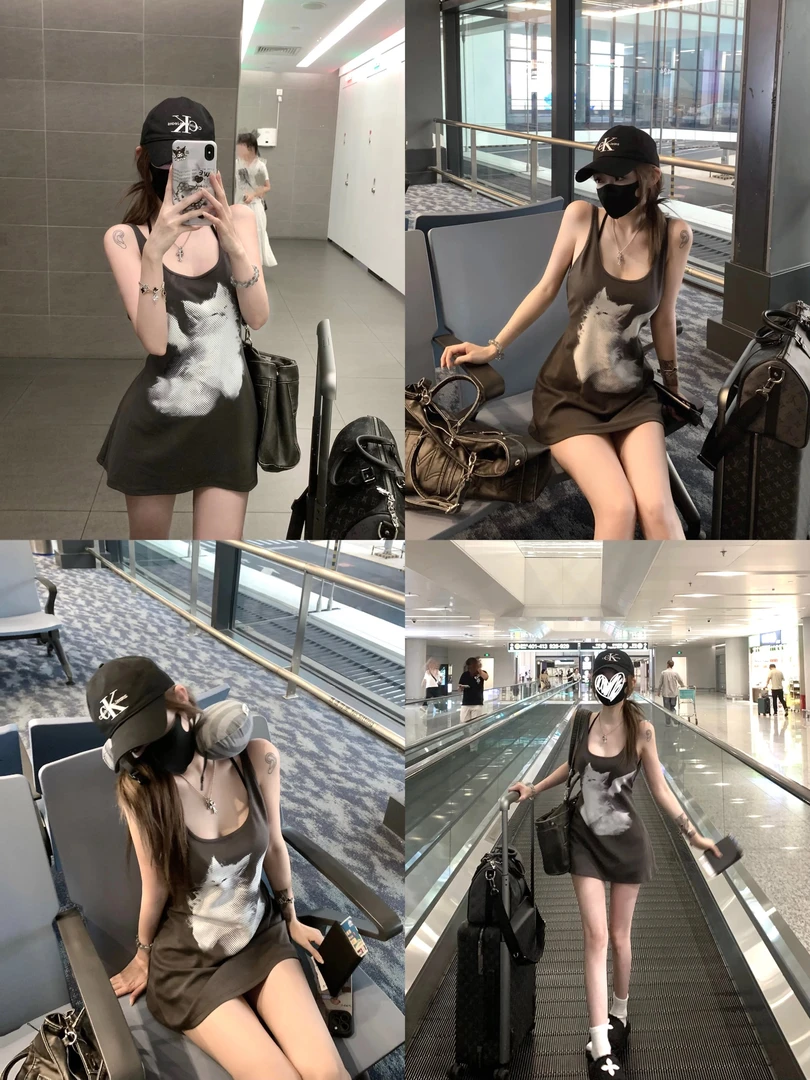 纯欲大领口绑带两穿吊带裙猫咪印花背心上衣 6601#