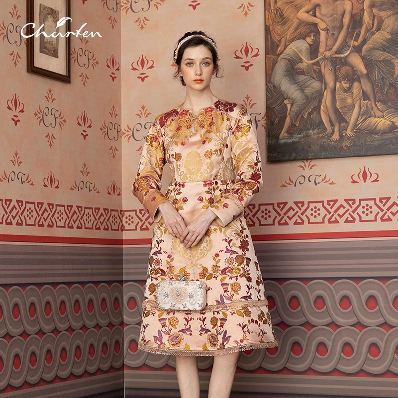 【达人】CHARFEN朝峰复古显瘦印花气质收腰连衣裙CFD1A081-3101G