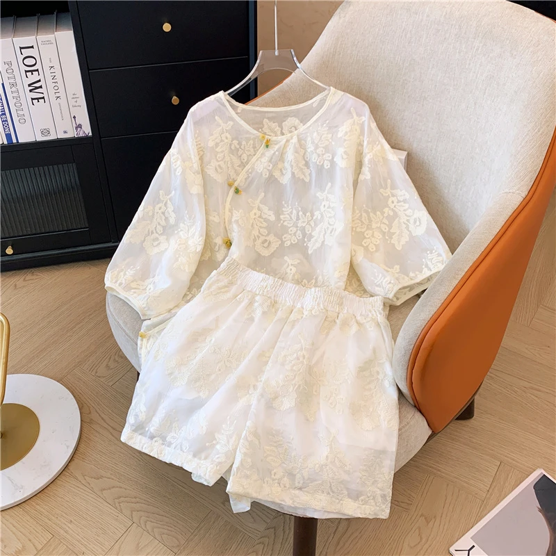 新中式国风短裤套装小个子夏季女重工刺绣禅意上衣阔腿裤两件套