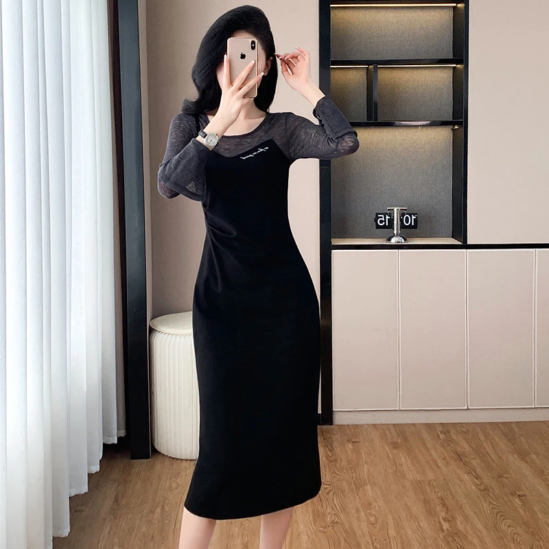 撞色微喇袖大码假两件设计感吊带连衣裙女春秋收腰遮肉显瘦a字裙