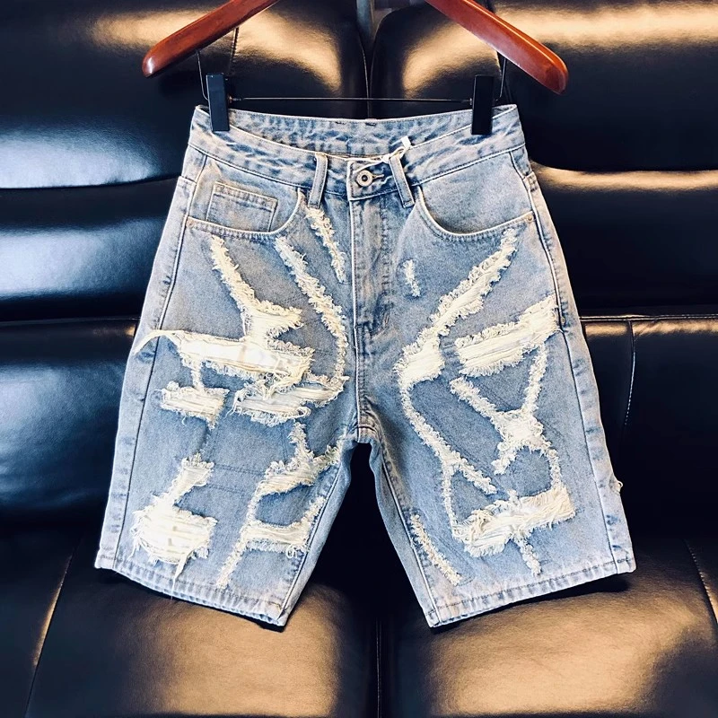 宽松款高品质浅蓝色牛仔短裤男2025夏季美式潮牌痞帅破洞五分中裤