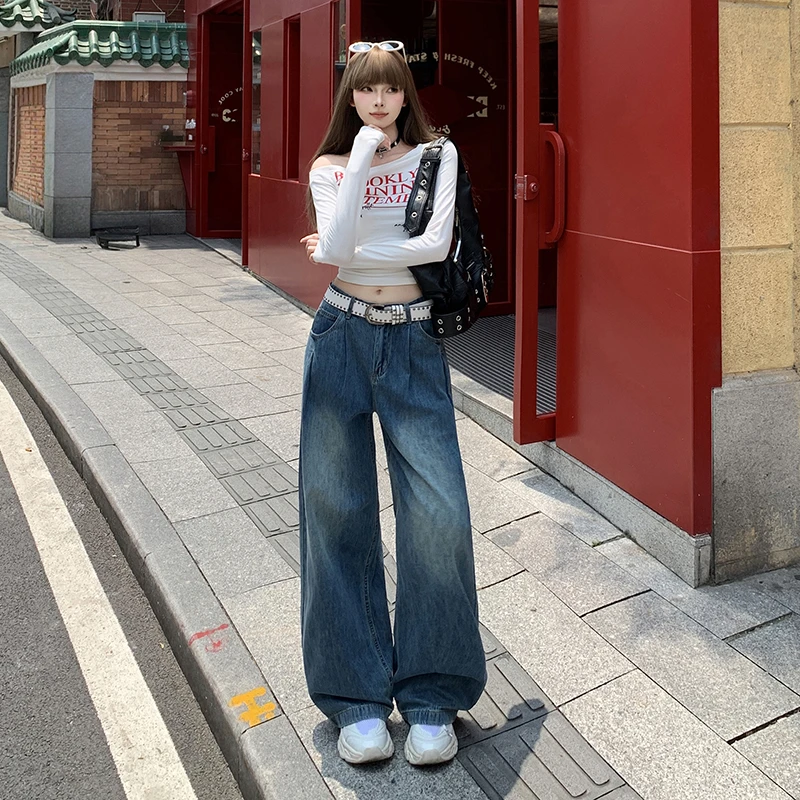 2025秋装#复古蓝牛仔裤女阔腿新款宽松设计感显瘦高腰拖地直筒裤