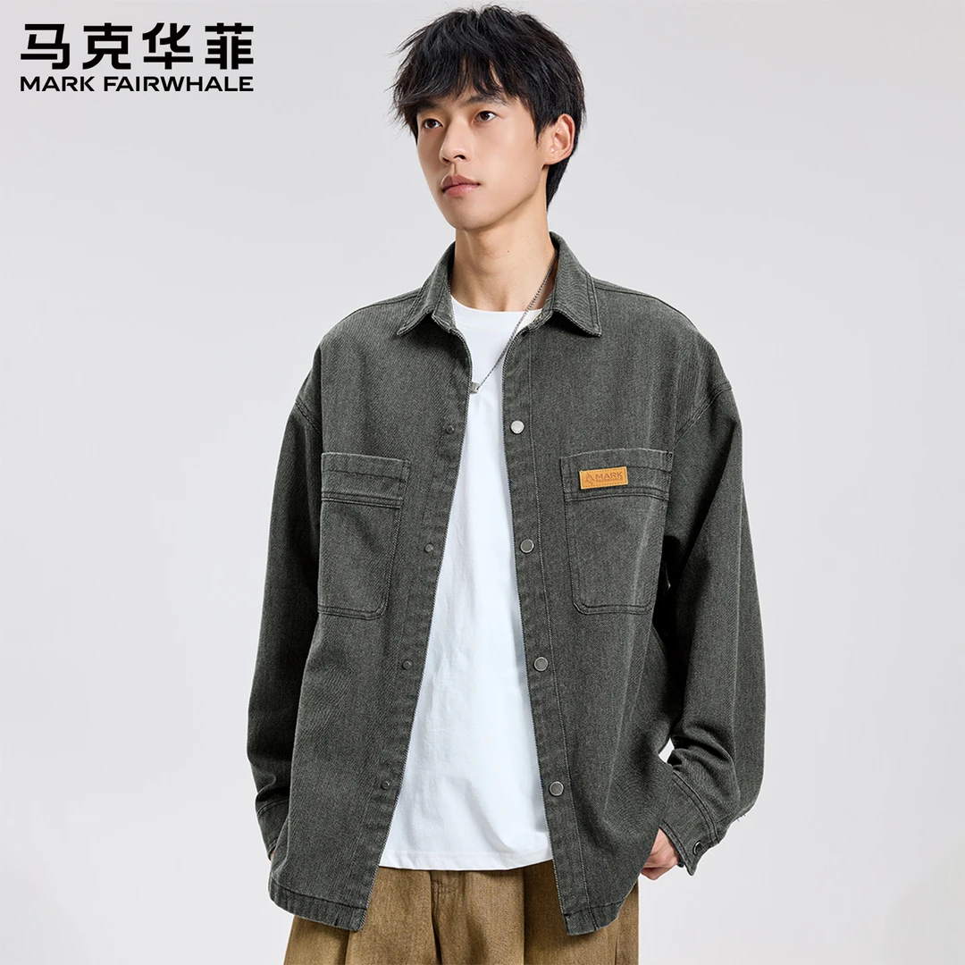 马克华菲男士春秋季牛仔夹克翻领暗扣休闲宽松舒适百搭男装外套