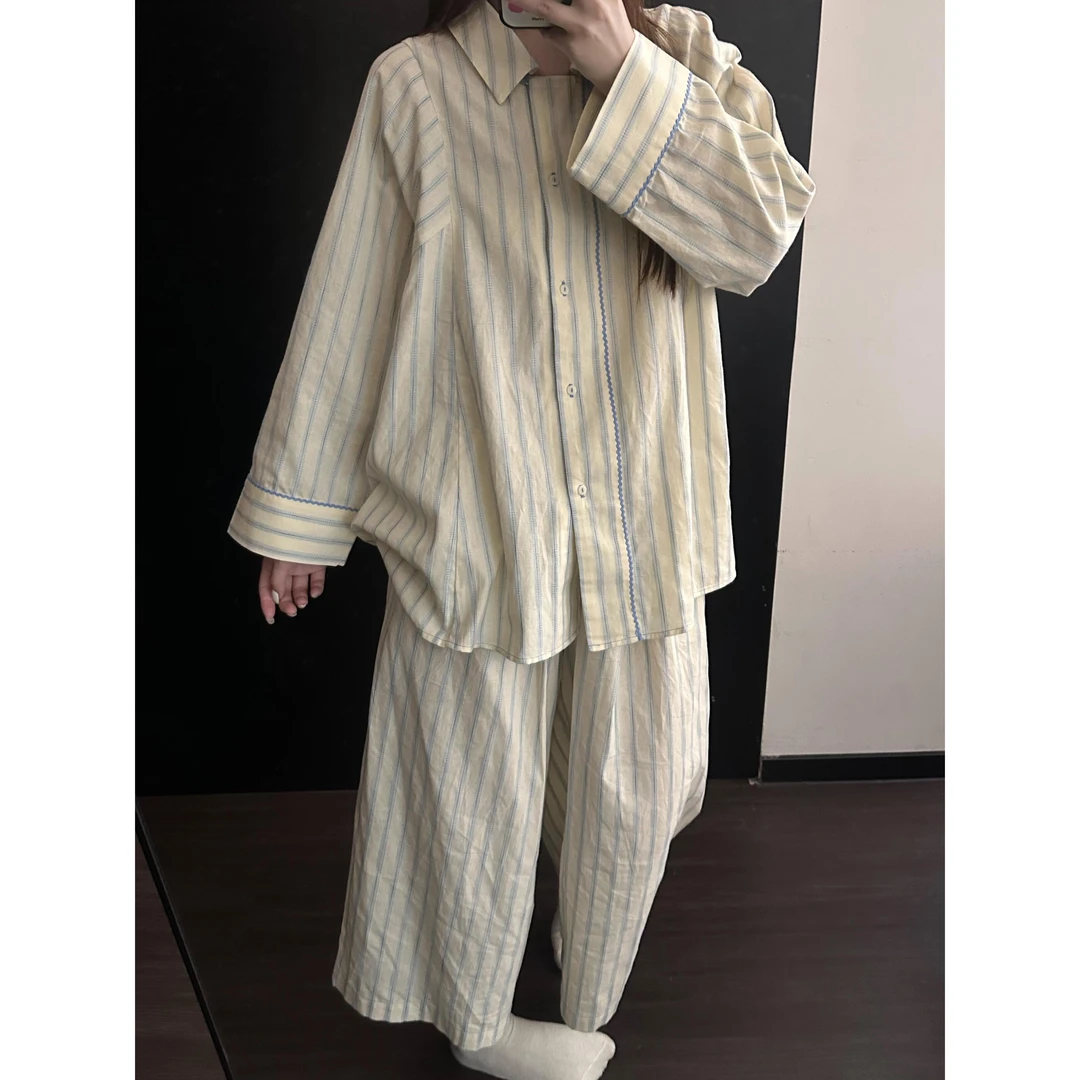 韩系撞色条纹设计感睡衣女夏季新款长袖长裤家居服套装春秋季外穿