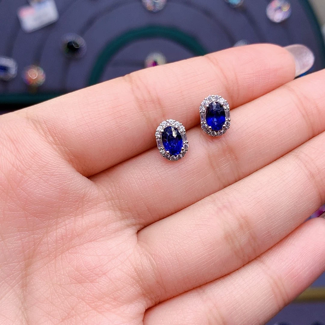 蓝宝石耳饰银S925镶嵌