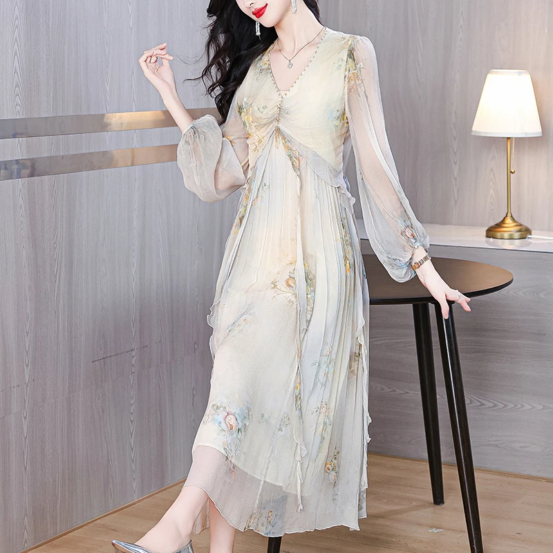 气质优雅V领真丝印花长袖连衣裙春夏高级感收腰显瘦桑蚕丝长裙子
