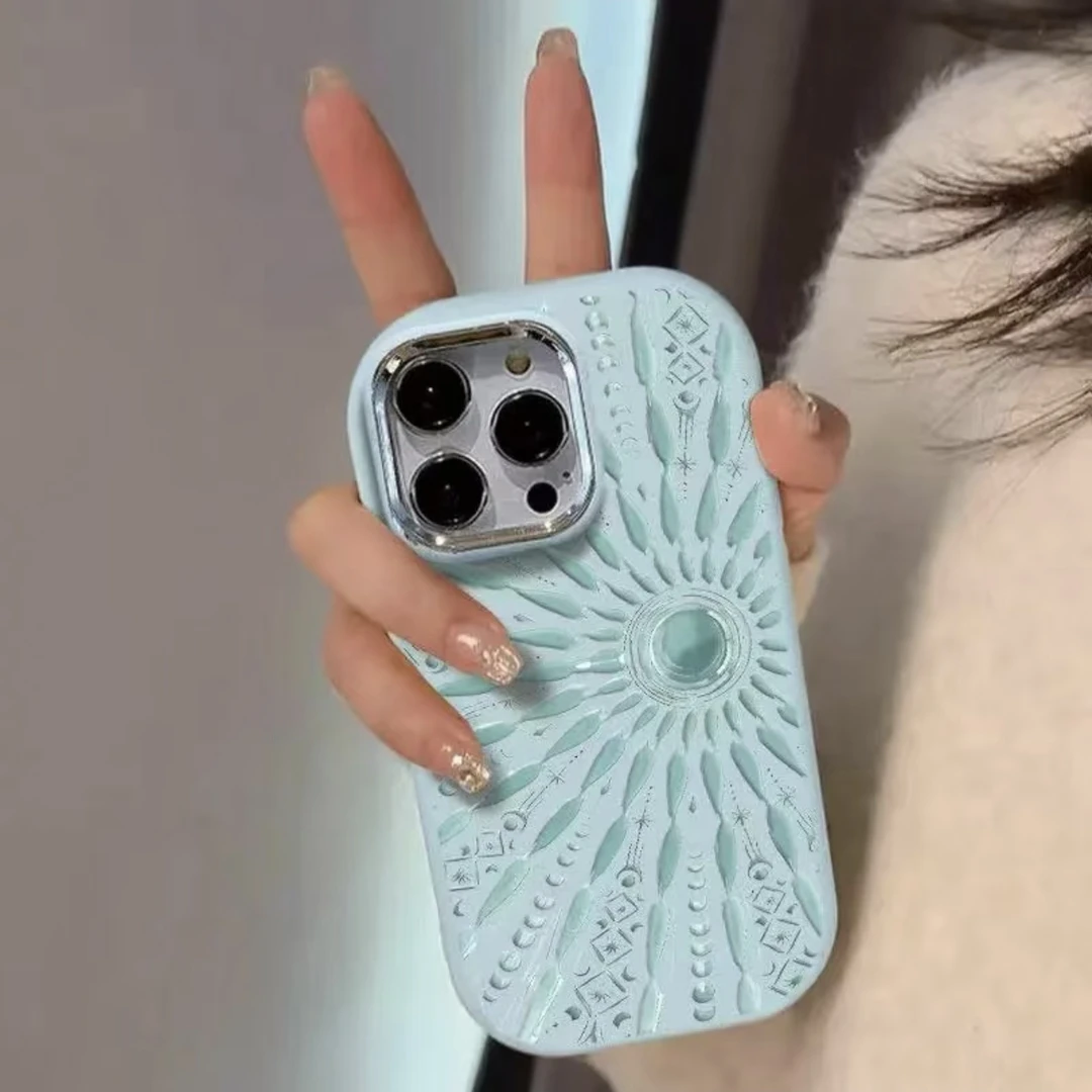 奥菲顿蓝色太阳图腾适用苹果16/15Pro镜框手机壳iPhone14/13/12套