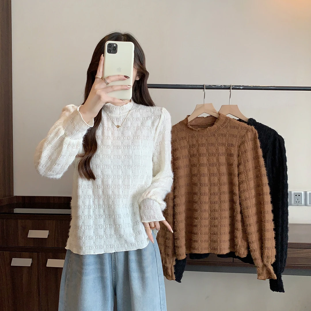 清2025春季气质半高领蕾丝打底衫美拉德肌理感显瘦内搭上衣63707