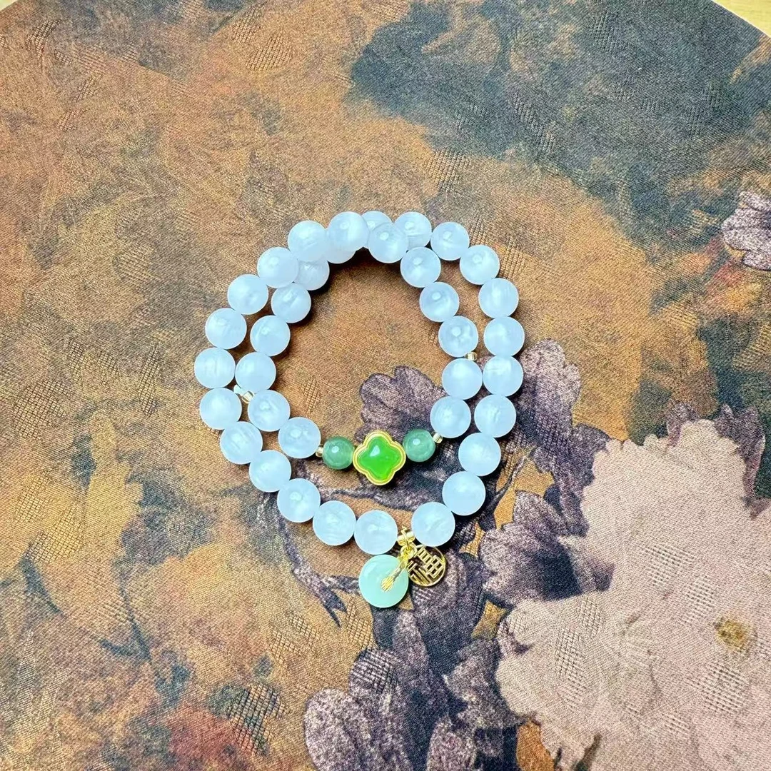 合金手链 S1067-1.0樱花粉变色海云母+福字挂饰+绿宝石隔珠+转轮