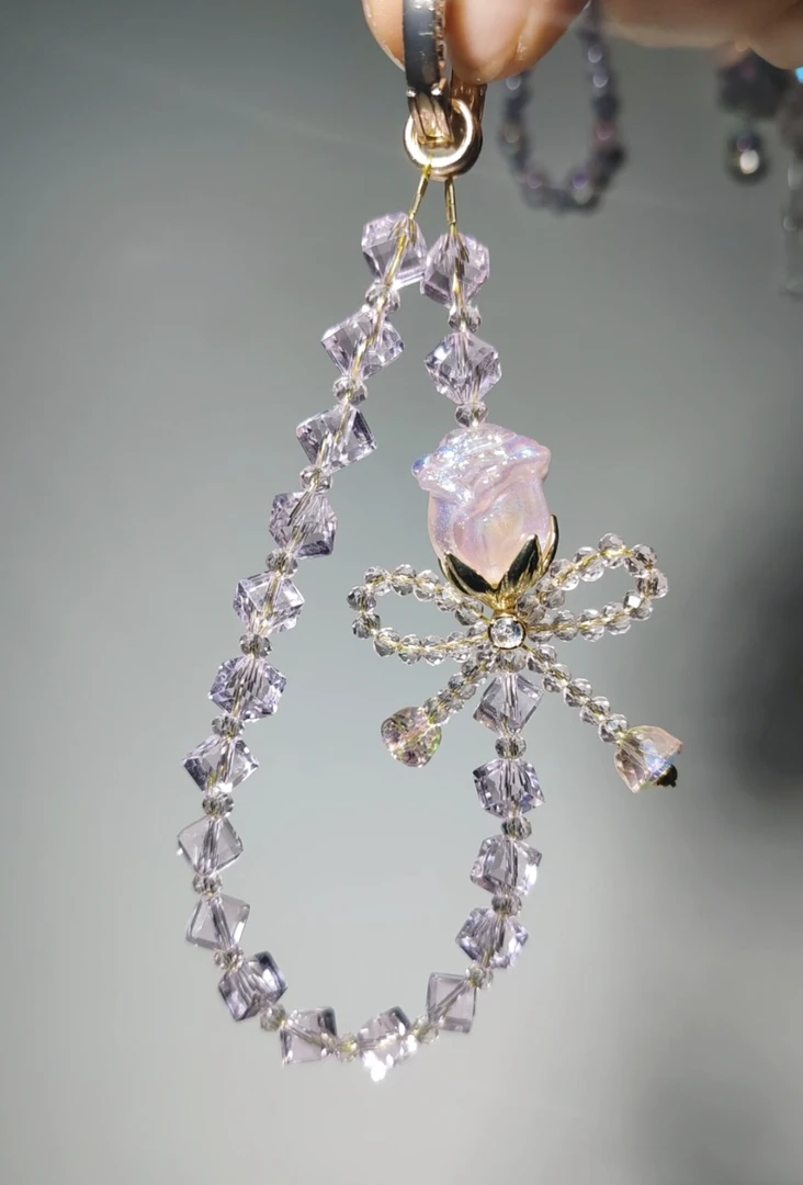 轻奢高级感手机链玫瑰花斜方水晶石手机壳通用装饰