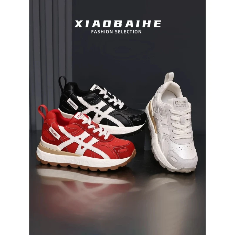 7CM~真皮红色内增高阿甘鞋女2025新款秋季透气轻便厚底运动老爹鞋