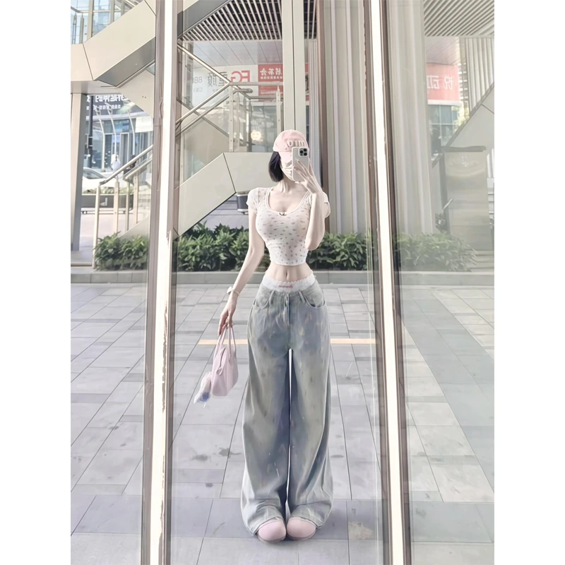 韩系碎花蕾丝拼接短袖t恤绝美漂亮小上衣牛仔裤女高腰宽松阔腿裤