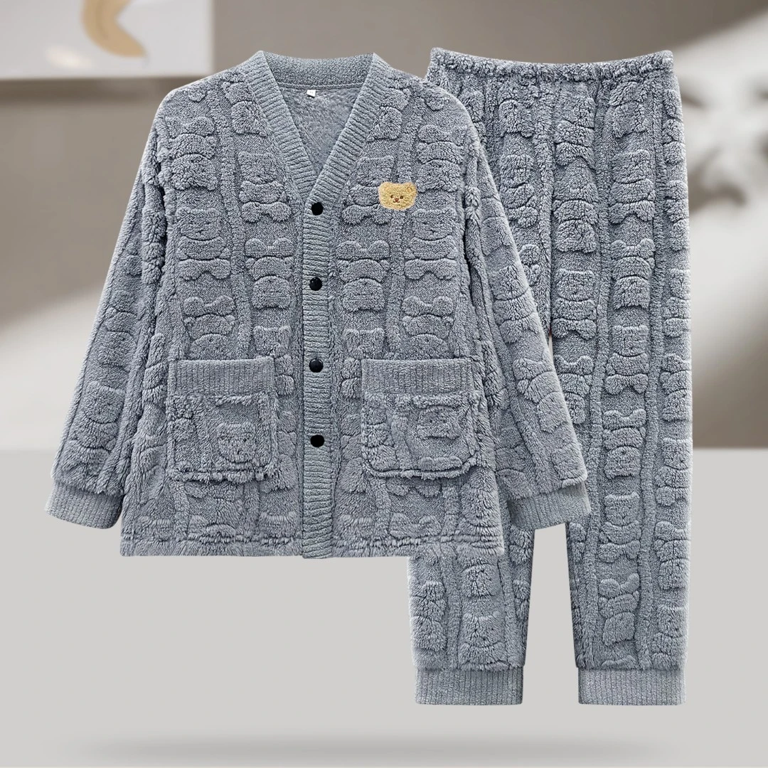 男士睡衣法兰绒提花简约开衫冬季新款双面绒亲肤家居服套装Y145