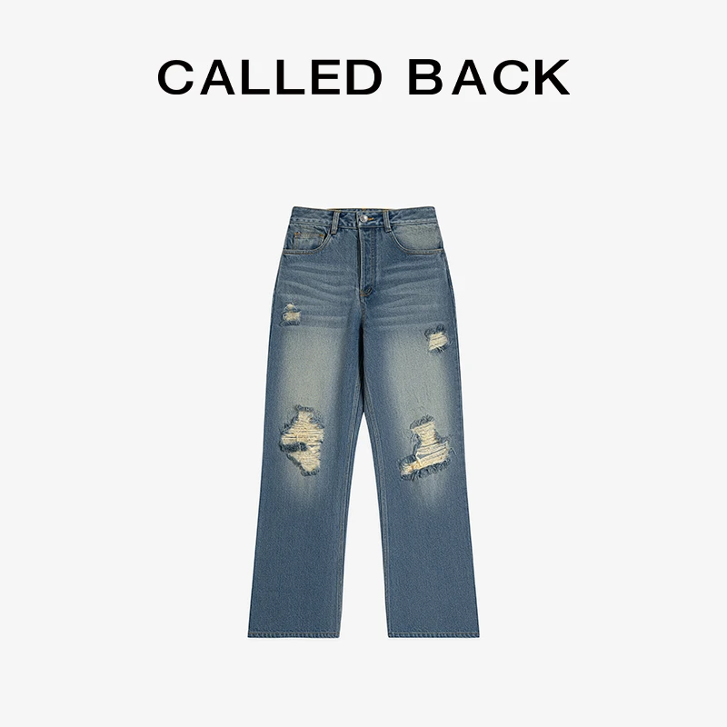 CALLED BACK新款复古直筒水洗百搭高腰宽松阔腿破洞牛仔裤040818