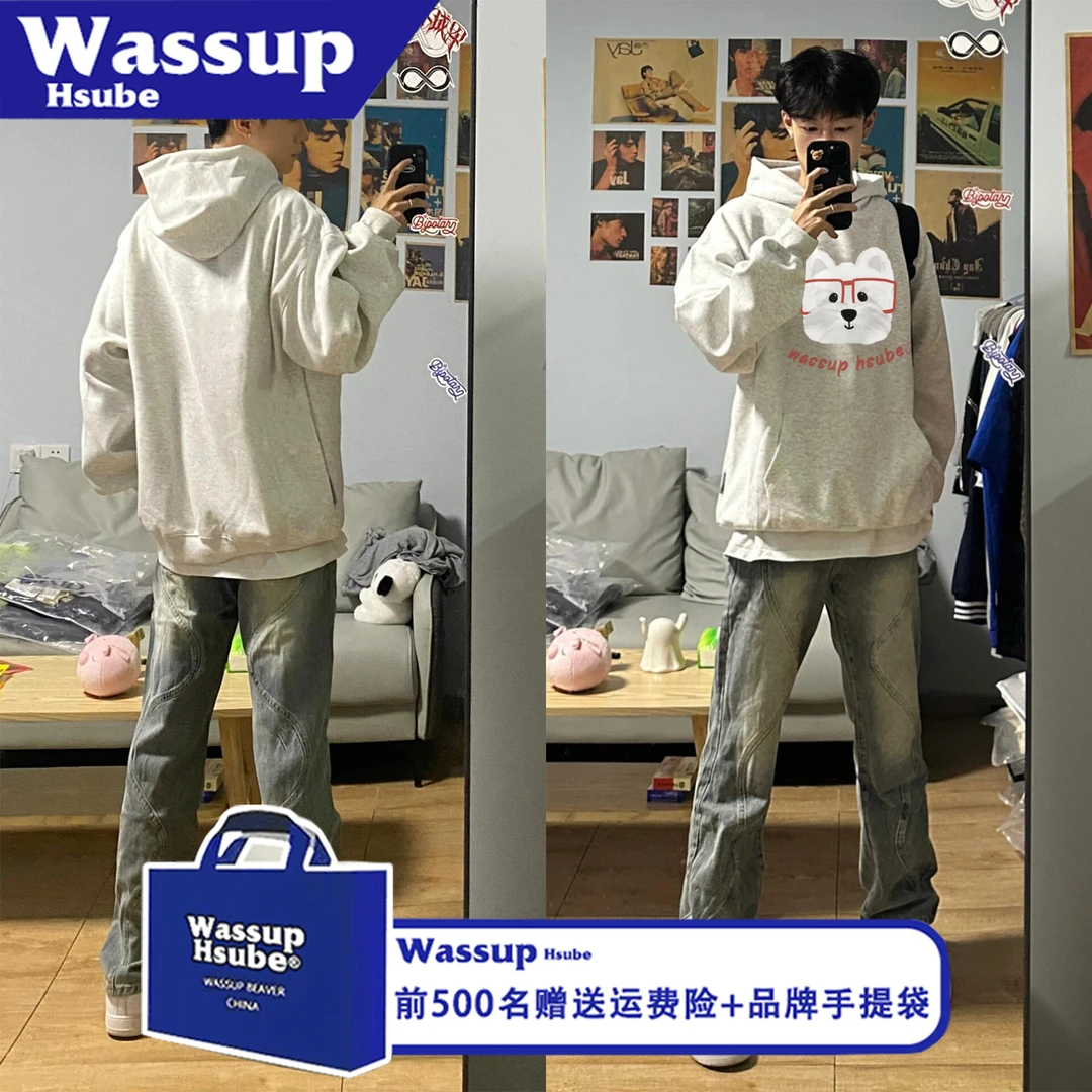 WASSUP HSUBE美式秋冬潮流可爱小狗印花长袖字母卫衣宽松情侣上衣