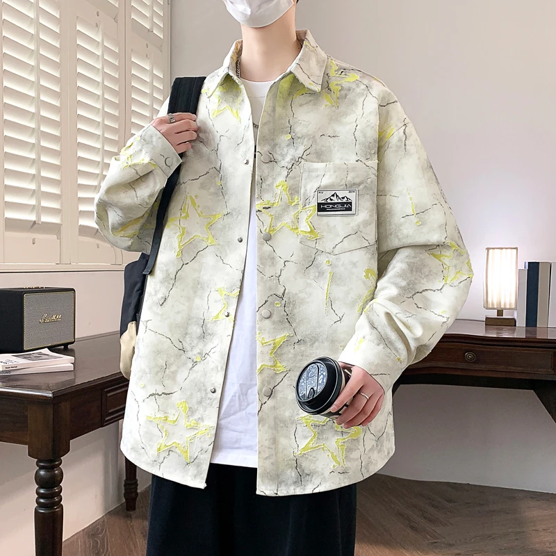 2025春季新款扎染印花衬衫衫男青少年潮流版休闲港风衬衣外套男