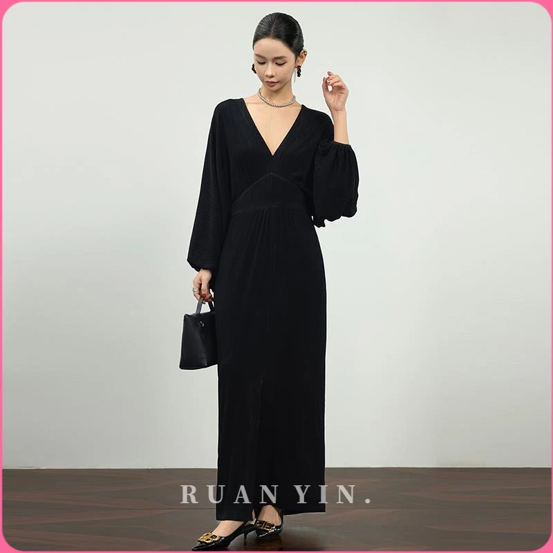 RUAN YIN法式轻奢高定黑色夏季醋酸宴会洋装礼服裙子小黑裙