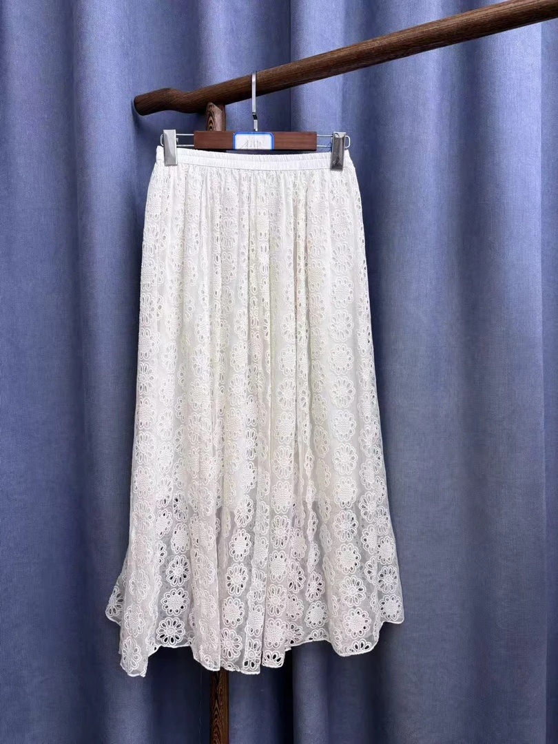 2025夏季新款简约百搭桑蚕丝刺绣半身裙女H1355