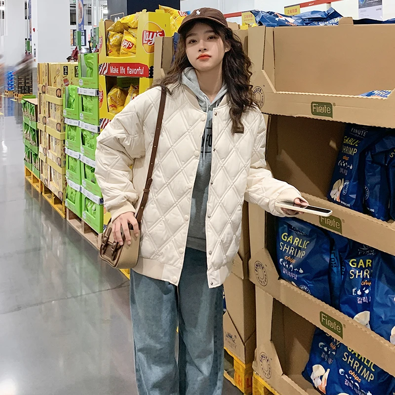 常规短款拼接棉服棉衣加厚冬季休闲菱形格保暖学生菱格潮流情侣