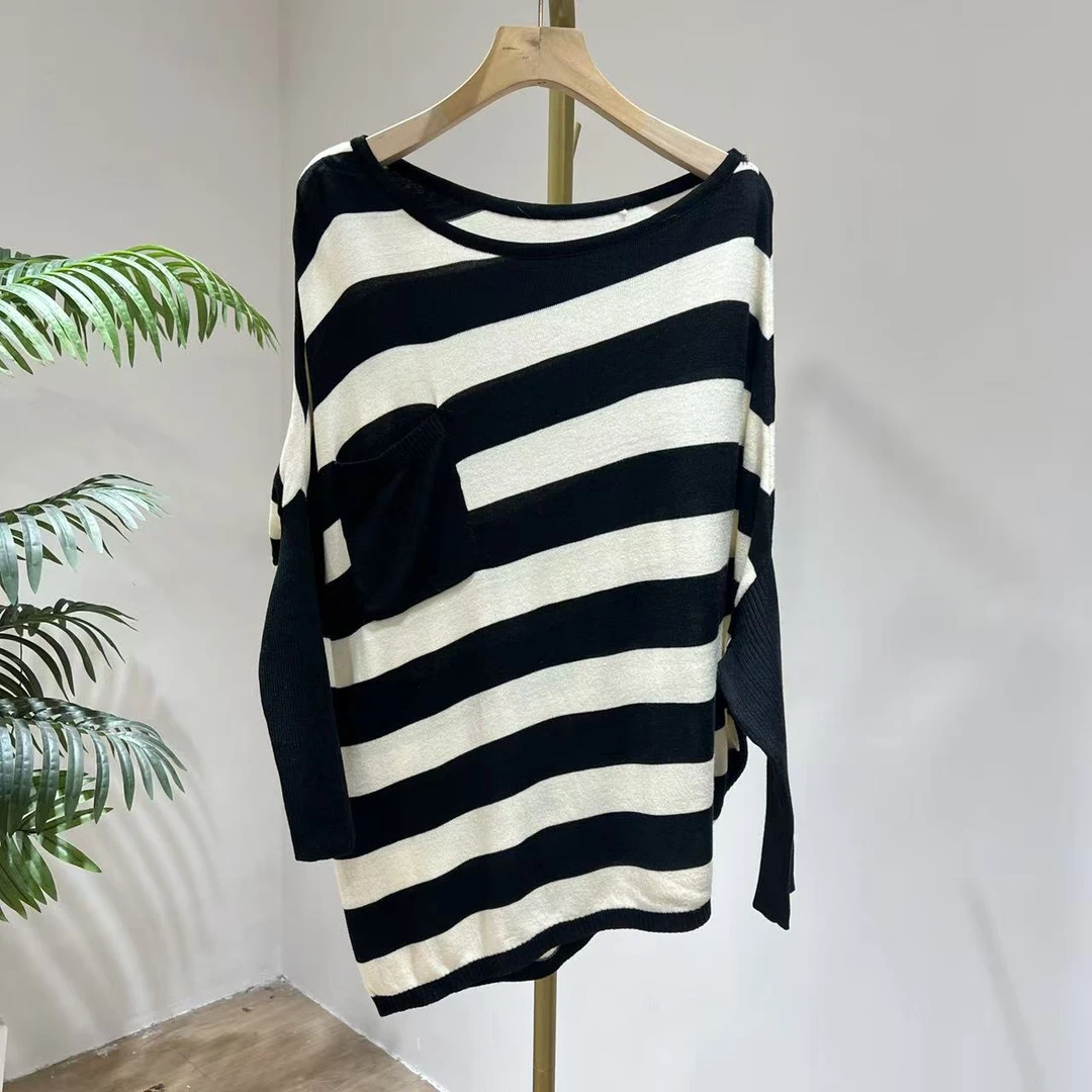 Q1710欧美站2024春秋新款大码女装毛衣宽松蝙蝠袖圆领条纹针织衫