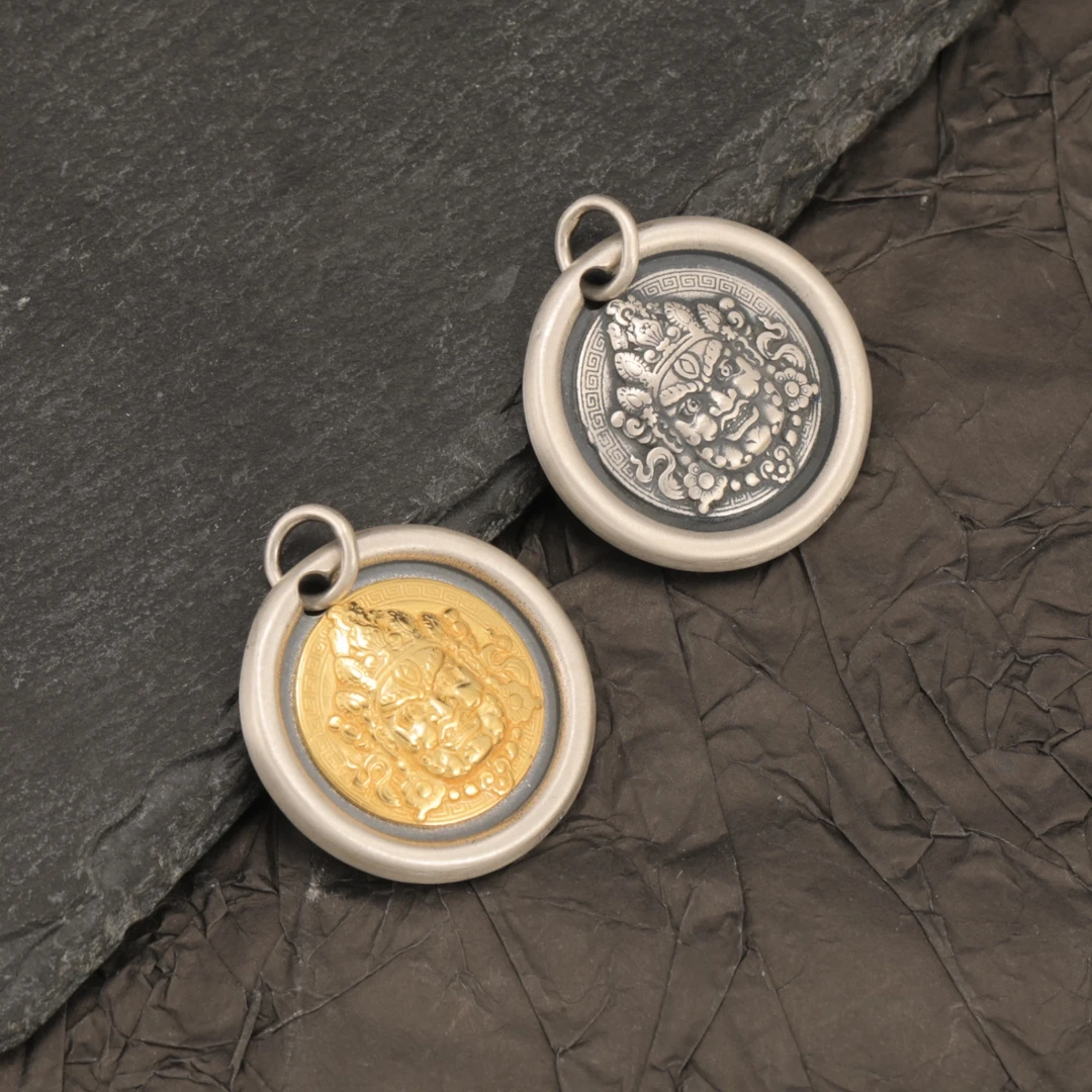 吊坠足银 足银吉言黄财神圆牌吊坠国风复古做旧纯银镀金侧挂挂件