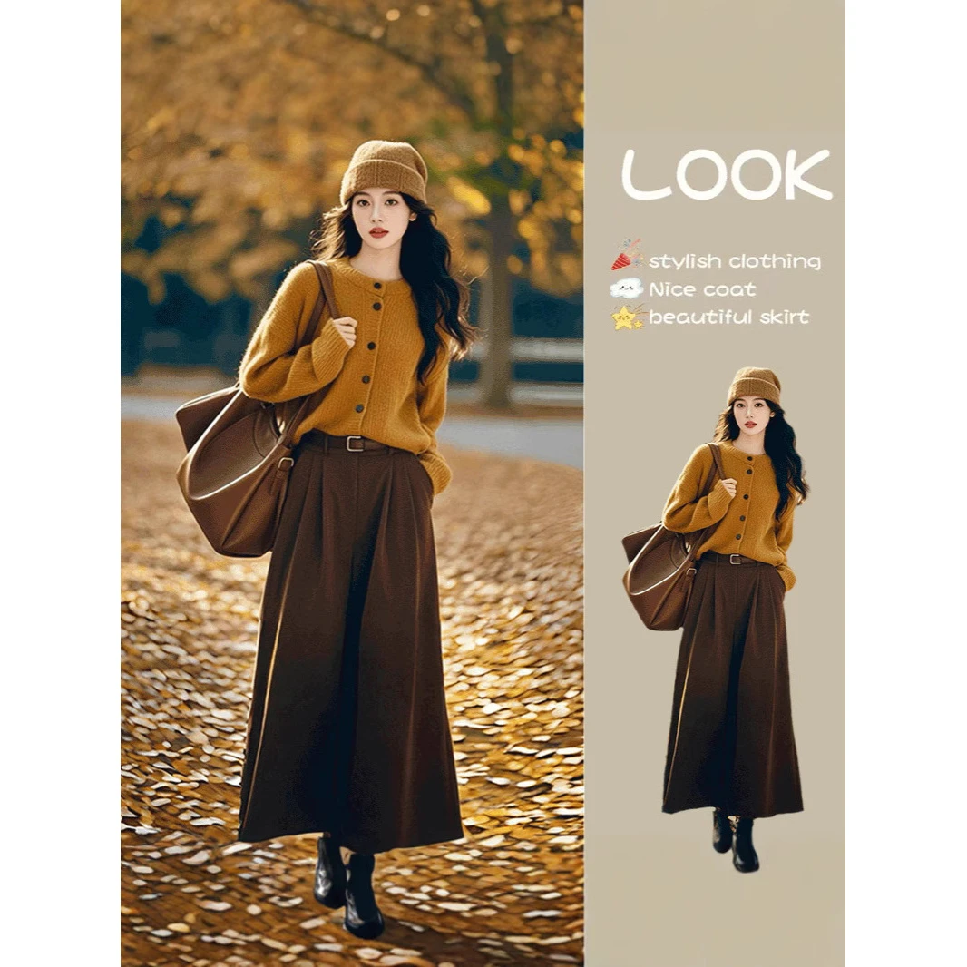 韩版时尚慵懒风气质宽松针织衫秋冬新款绝美半裙高级套装女装