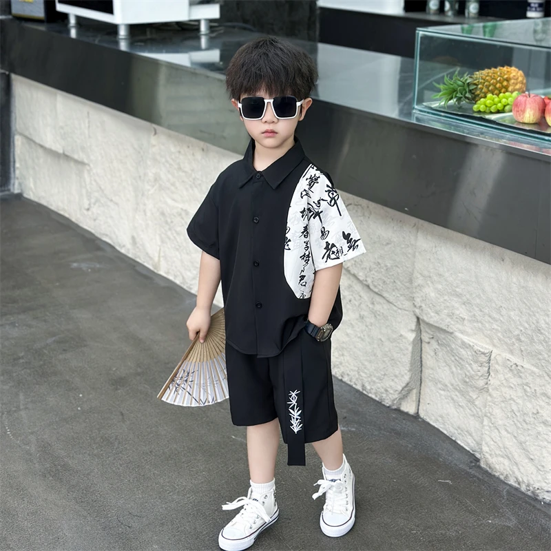 儿童夏款套装男童短袖中国风衬衫2025新款夏装洋气宝宝薄款两件套