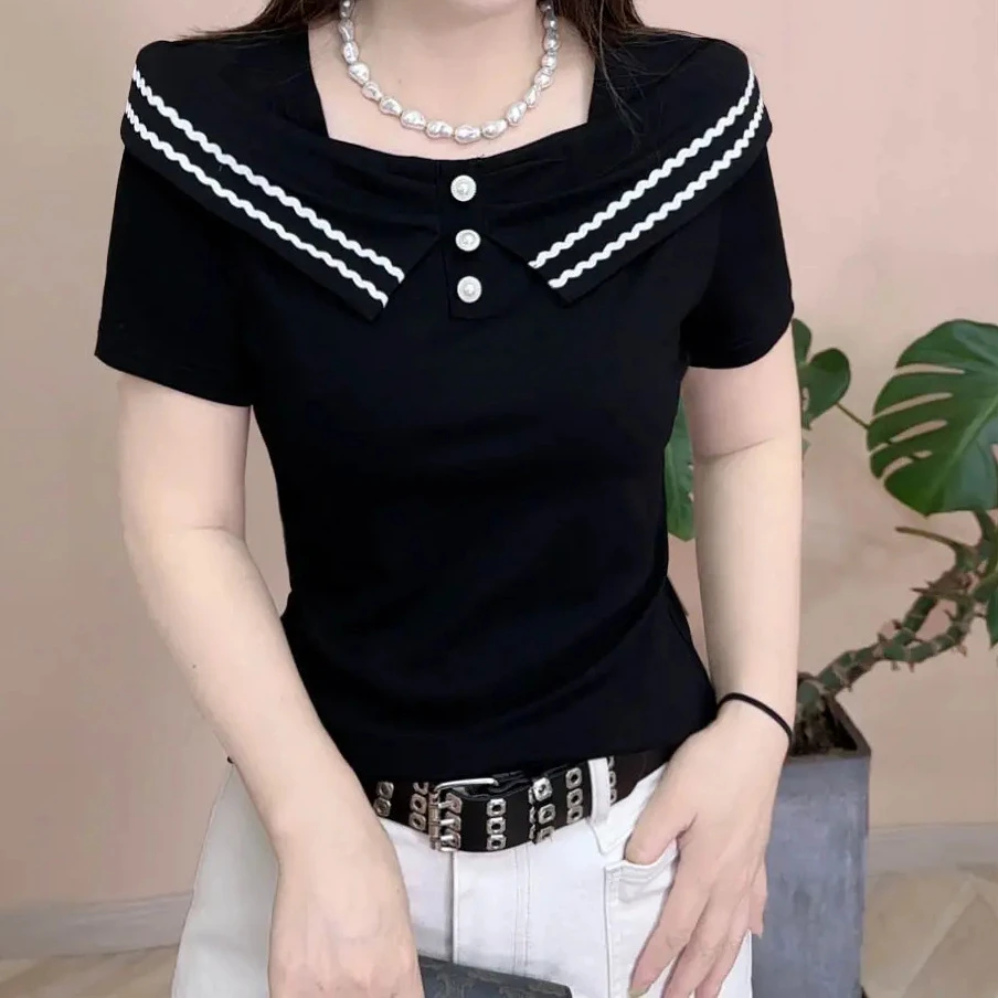 2025夏季时尚洋气百搭修身显瘦收腰法式个性气质黑色ol短袖上衣
