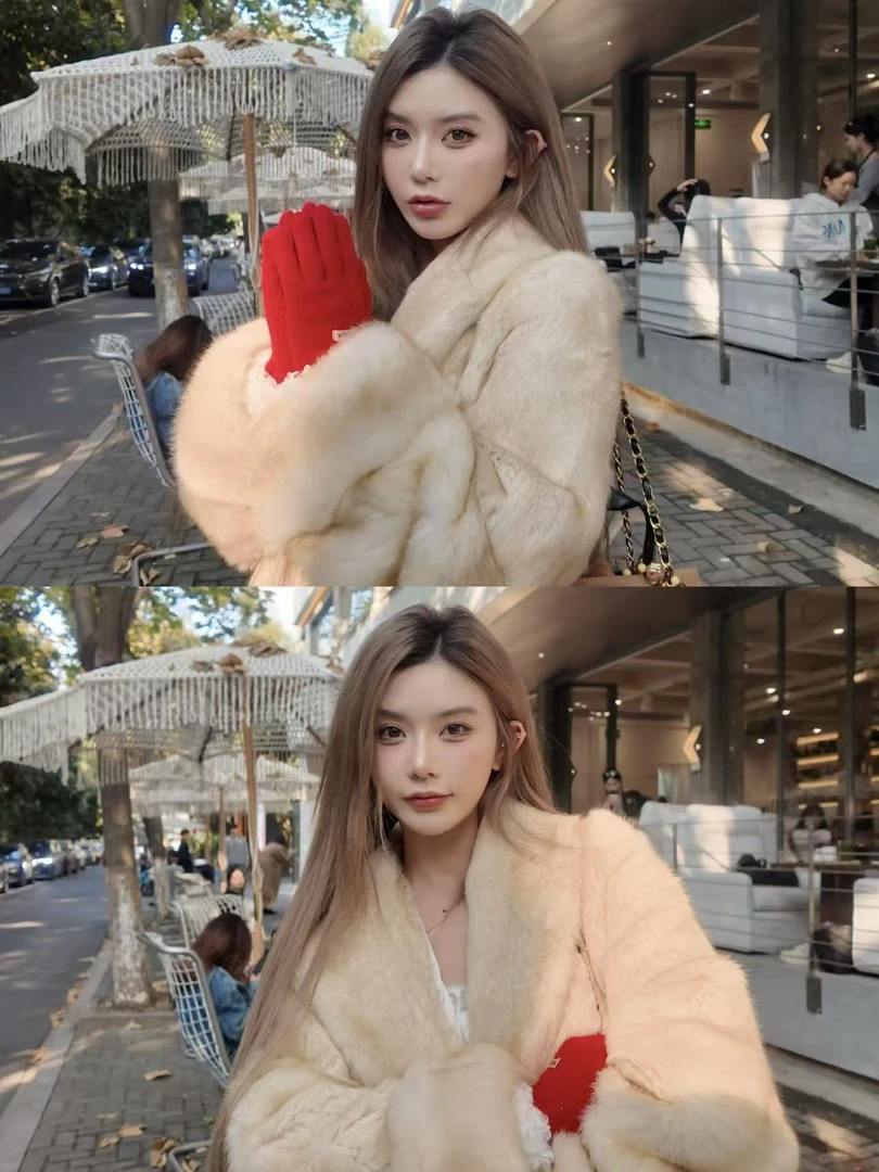 【金珀流光】100%整皮兔毛一体中款翻领千金皮草外套