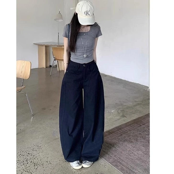 美式慵懒风弯刀裤休闲裤女夏季高腰显瘦宽松阔腿裤百搭高个子长裤