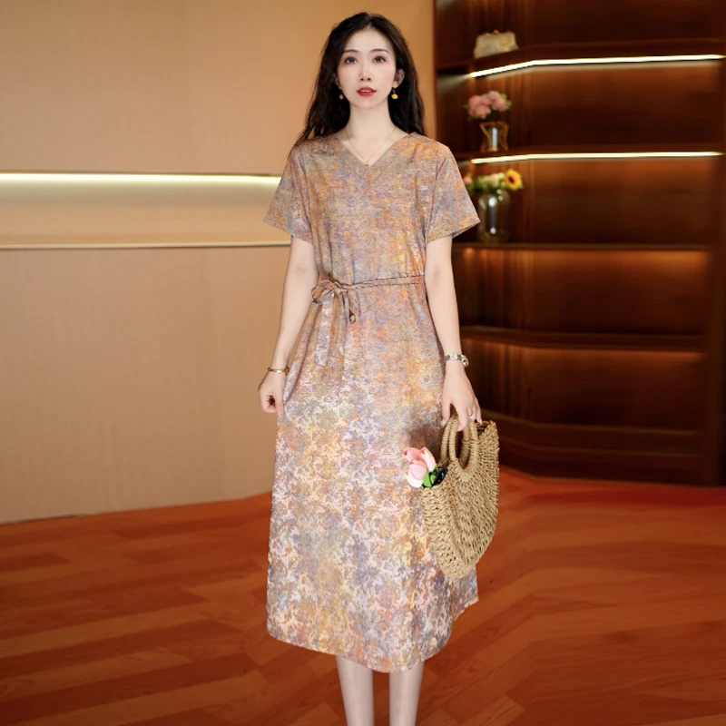 鎏金碎影  爆款中长款夏季时连衣裙百搭遮肉裙子