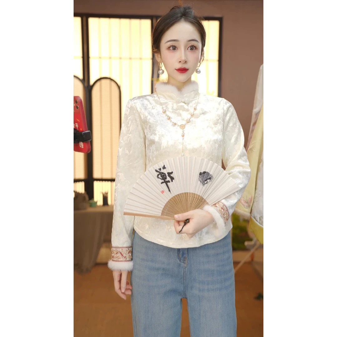 CJ【颜可】秋冬季加绒加厚中式提花百搭上衣打底衬衫129-4